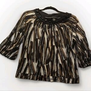 Apostrophe Jeweled Neckline Top Size Small Animal Stripe Print Belle Sleeves